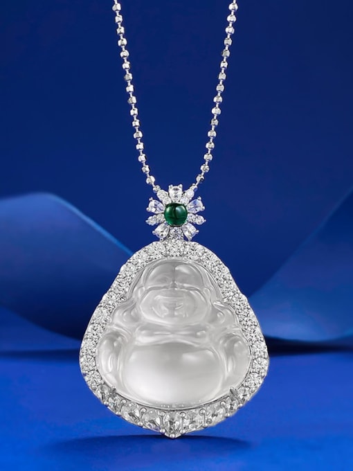 N435 Water Foam Jade Buddha Pendant 925 Sterling Silver Cubic Zirconia White Geometric Dainty Necklace