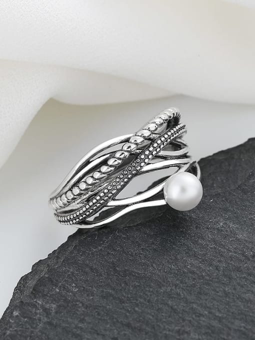 TAIS 925 Sterling Silver Imitation Pearl Geometric Vintage Stackable Ring 1
