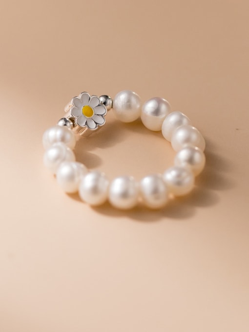 FAN 925 Sterling Silver Imitation Pearl Flower Minimalist Bead Ring 2