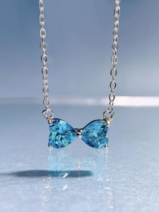 N222 Sea Blue Necklace 925 Sterling Silver Cubic Zirconia Bowknot Dainty Necklace