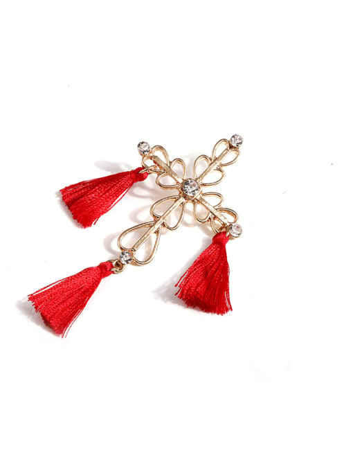 Red e68264 Stainless steel Cotton Tassel Bohemia Hand-Woven Drop Earring