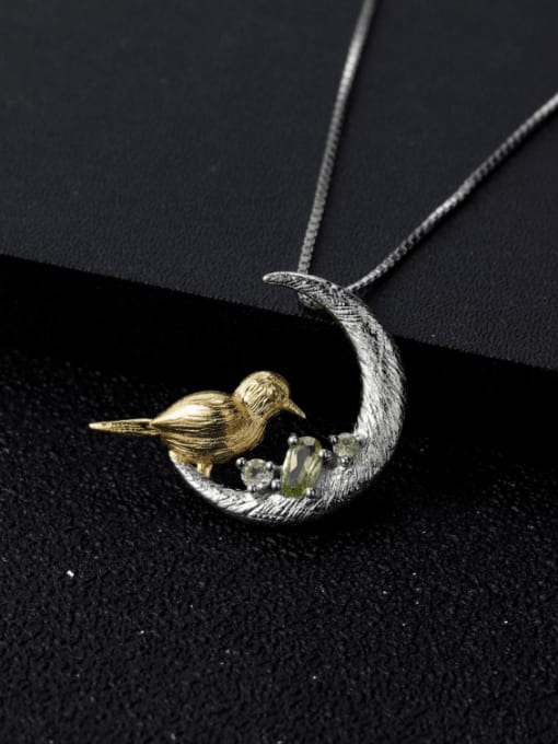 ZXI-SILVER JEWELRY 925 Sterling Silver Peridot Bird Artisan Moon Pendant  Necklace 1