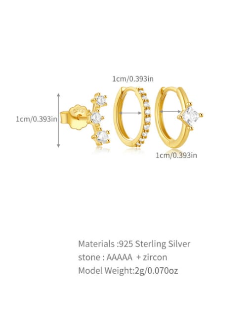 3 pieces per set, golden 3 925 Sterling Silver Cubic Zirconia Geometric Dainty Huggie Earring