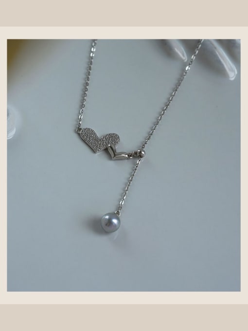 White gold (black pearl) 925 Sterling Silver Cubic Zirconia Heart Dainty Lariat Necklace