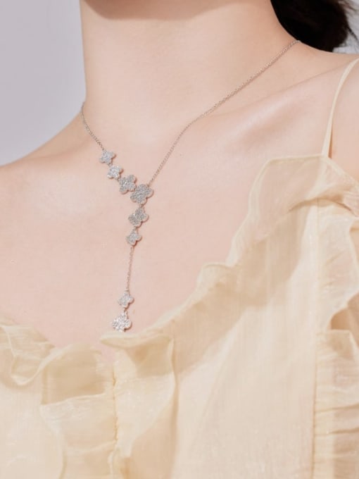 STL-Silver Jewelry 925 Sterling Silver Cubic Zirconia Clover Tassel Minimalist Lariat Necklace 1