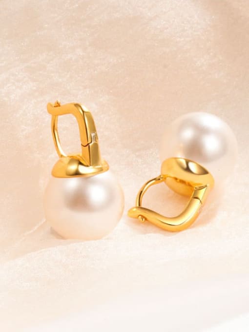 12MM White Pearl Gold 925 Sterling Silver Imitation Pearl Geometric Minimalist Huggie Earring