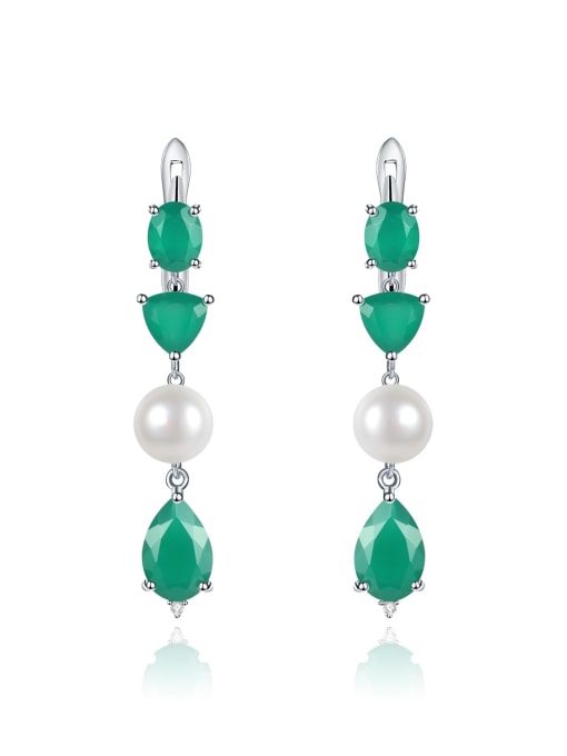 Green Agate Pearl Earrings 925 Sterling Silver Emerald Geometric Vintage Drop Earring