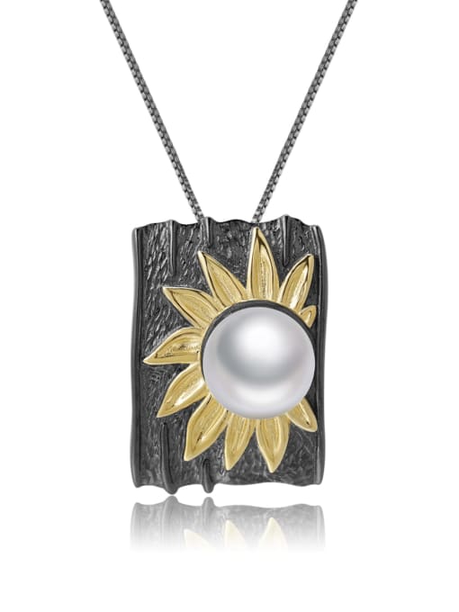 Natural pearl pendant + chain 925 Sterling Silver Imitation Pearl  Sunflower Vintage Geometric Pendant Necklace