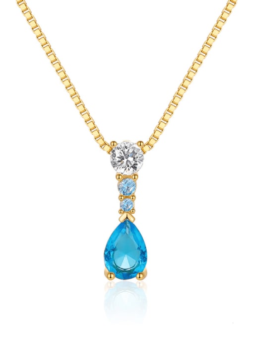 Gold +Sea Blue 925 Sterling Silver Cubic Zirconia Water Drop Dainty Necklace