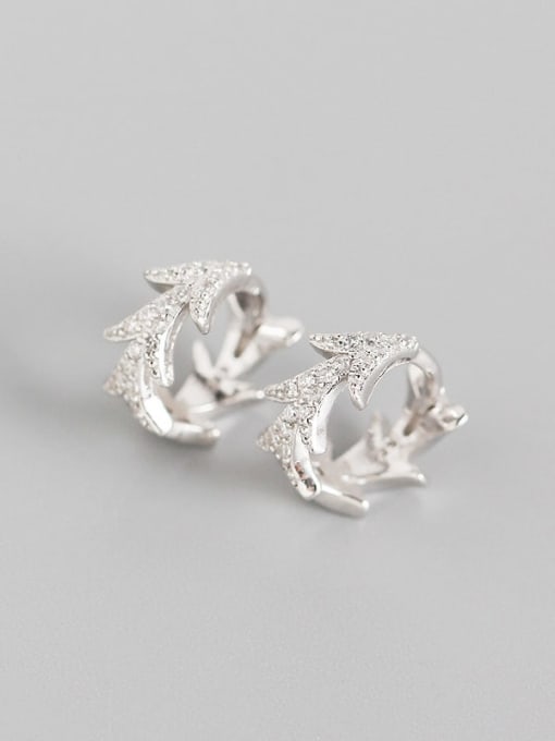 Platinum 925 Sterling Silver Rhinestone White Leaf Trend Huggie Earring