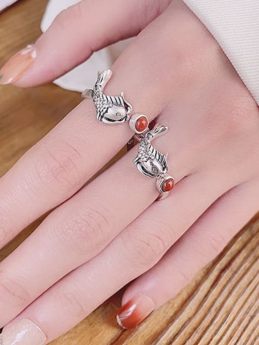 TAIS 925 Sterling Silver Carnelian Fish Vintage Band Ring 1