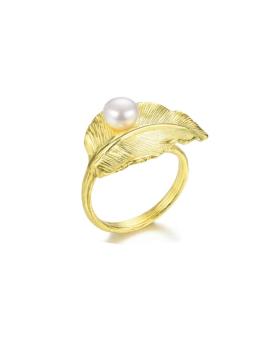golden 925 Sterling Silver Imitation Pearl Leaf Artisan Band Ring