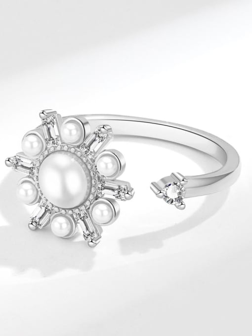 PNJ-Silver 925 Sterling Silver Imitation Pearl Flower Minimalist Rotate  Band Ring 3