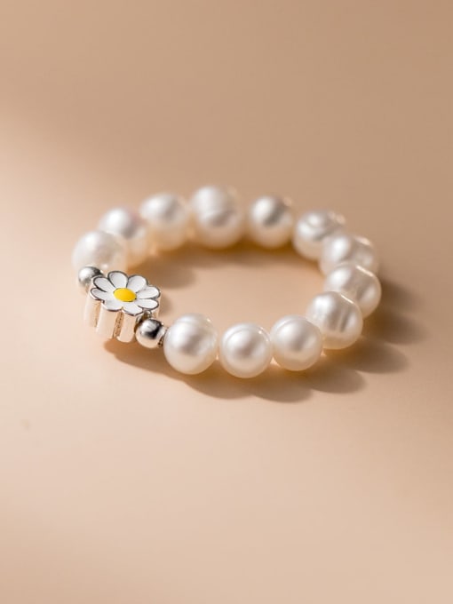 FAN 925 Sterling Silver Imitation Pearl Flower Minimalist Bead Ring 0