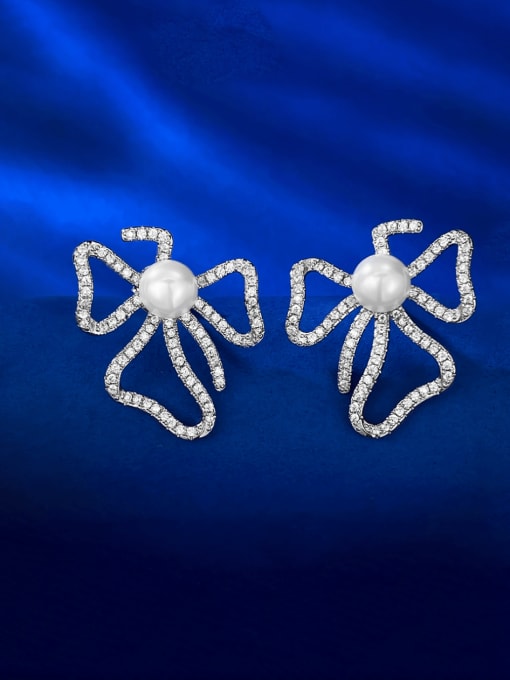E359 Pearl Earrings 925 Sterling Silver Cubic Zirconia Flower Luxury Cluster Earring