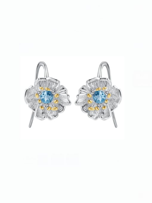 Swiss Blue topA Stone Earrings 925 Sterling Silver Natural  Topaz Flower Artisan Hook Earring