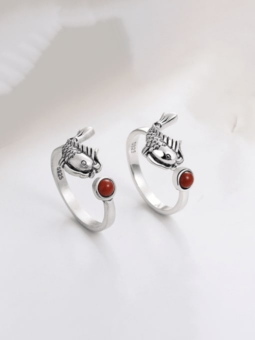 TAIS 925 Sterling Silver Carnelian Fish Vintage Band Ring 2