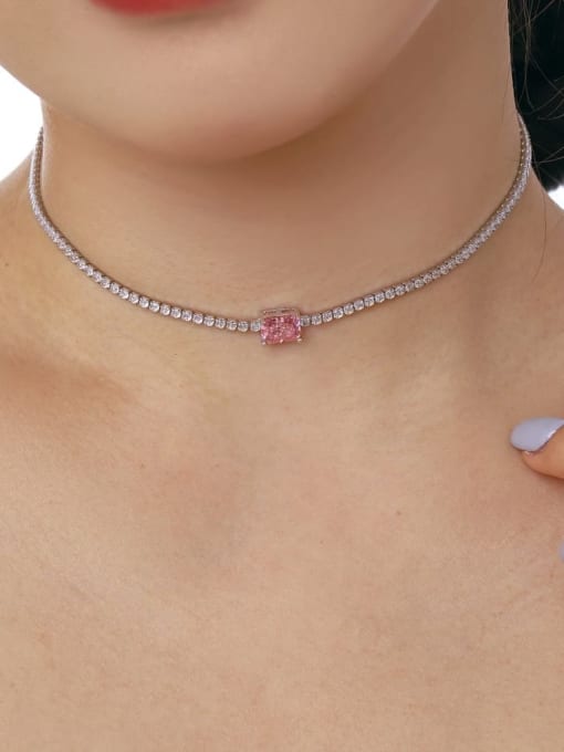 STL-Silver Jewelry 925 Sterling Silver Cubic Zirconia Pink Geometric Dainty Necklace 1