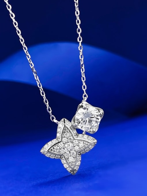 N320 Clover +White gold 925 Sterling Silver Cubic Zirconia Star Minimalist Necklace
