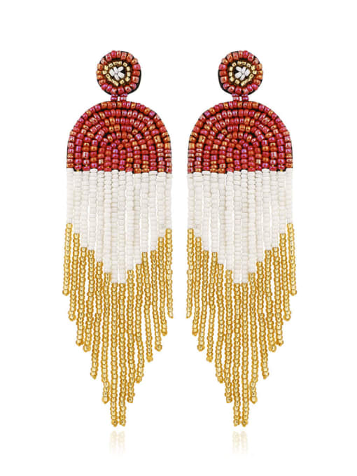 Red Bead Multi Color Tassel Bohemia Hand-woven Drop Earring
