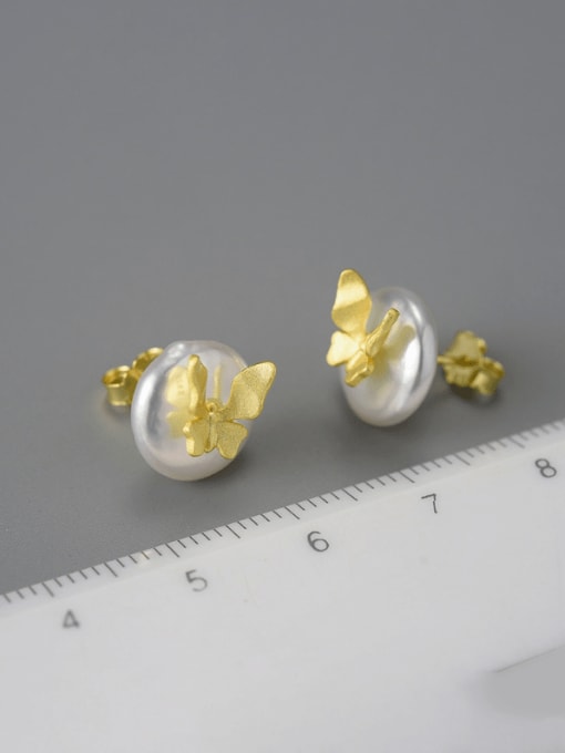 LOLUS 925 Sterling Silver Freshwater Pearl Butterfly Artisan Stud Earring 2