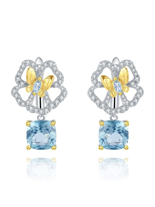 Swiss Blue topA Stone Earrings 925 Sterling Silver Natural  Topaz Flower Luxury Drop Earring