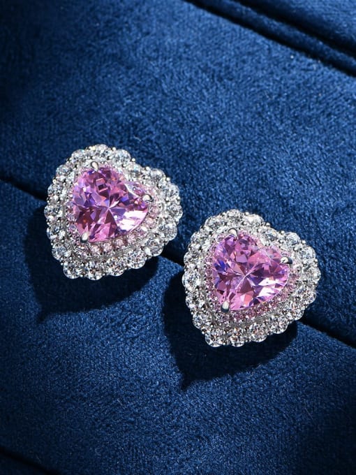 Pink Earrings 925 Sterling Silver Cubic Zirconia Heart Luxury Cluster Earring
