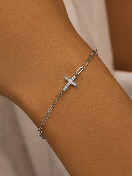 YUANFAN 925 Sterling Silver Cubic Zirconia Cross Minimalist Hollow Chain Bracelet 1