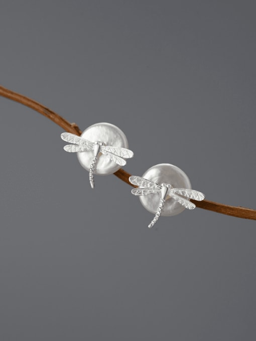 LOLUS 925 Sterling Silver Freshwater Pearl Dragonfly Artisan Stud Earring 1