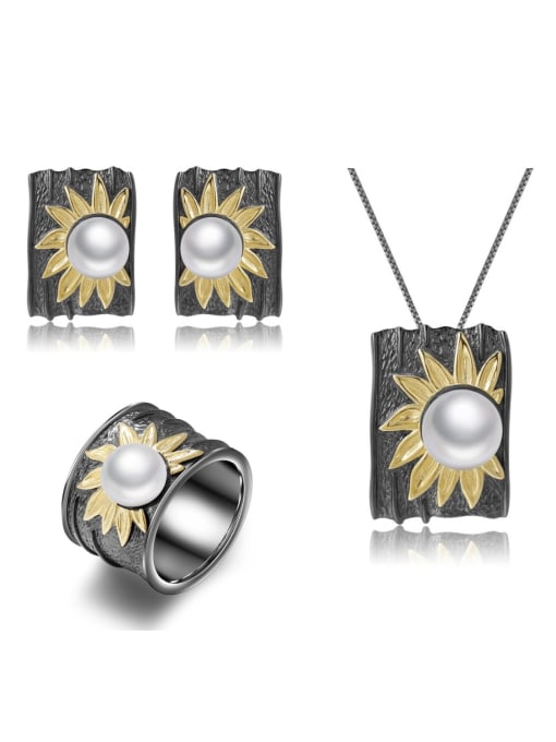 ZXI-SILVER JEWELRY 925 Sterling Silver Imitation Pearl  Sunflower Vintage Geometric Pendant Necklace