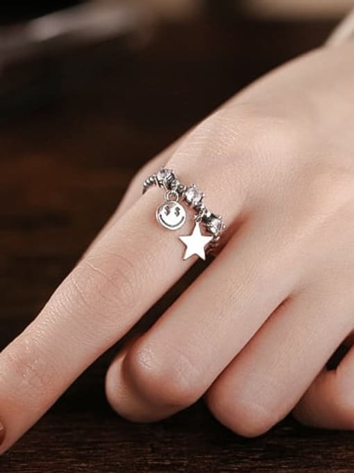 TAIS 925 Sterling Silver Cubic Zirconia Smiley Star Vintage Band Ring 1