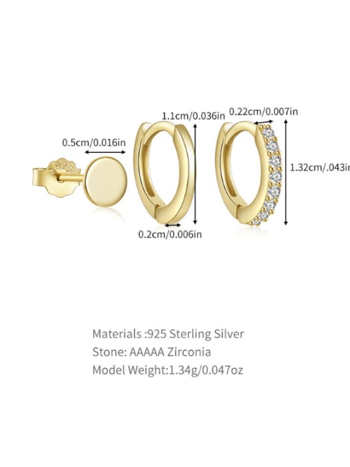 3 pieces per set, golden 6 925 Sterling Silver Cubic Zirconia Geometric Minimalist Huggie Earring