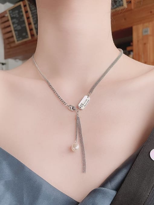 TAIS 925 Sterling Silver Freshwater Pearl Geometric Vintage Lariat Necklace 1