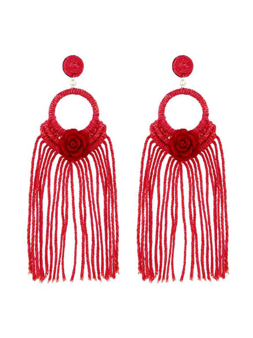 Red e68739 Alloy Multi Color Cotton thread Flower Bohemia Pure handmade Weave Earring