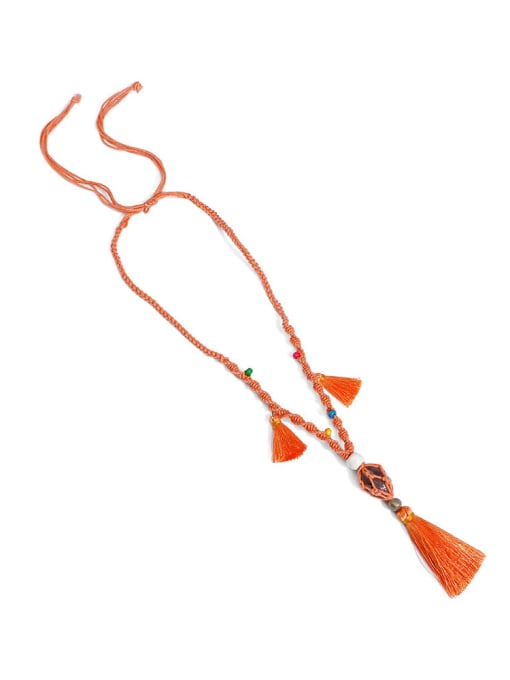 Orange n70247 Bead Cotton Rope  Natural stone Tassel Artisan Hand-Woven Long Strand Necklace