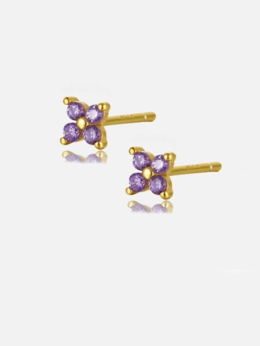Golden+ Purple Brass Cubic Zirconia Flower Dainty Stud Earring