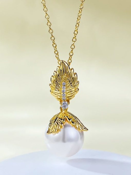 M&J 925 Sterling Silver Imitation Pearl Leaf Trend  Golden Leaf Pearl Necklace