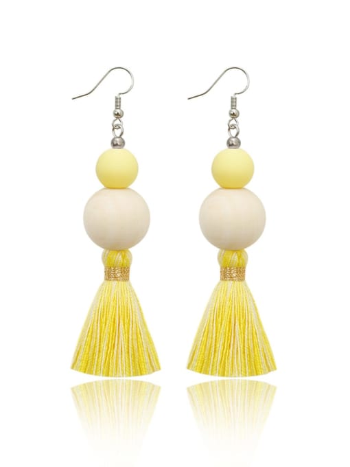 Yellow e68837 Alloy Wooden beads  Cotton Rope  Tassel Bohemia Hand-Woven Drop Earring