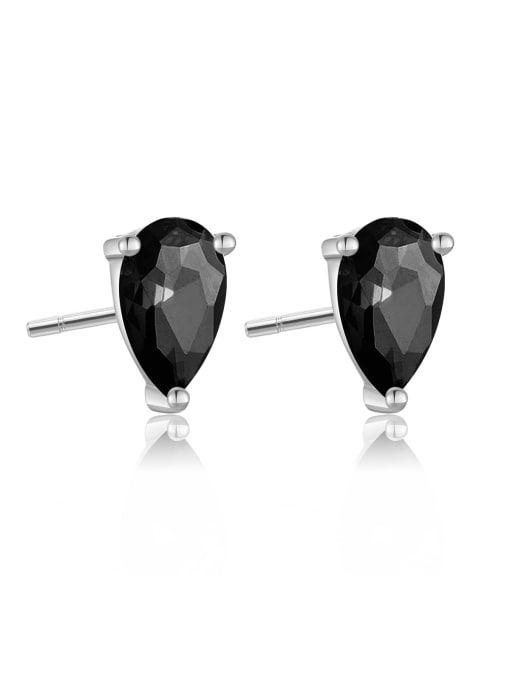 Platinum Black Stone 925 Sterling Silver Cubic Zirconia Water Drop Dainty Stud Earring