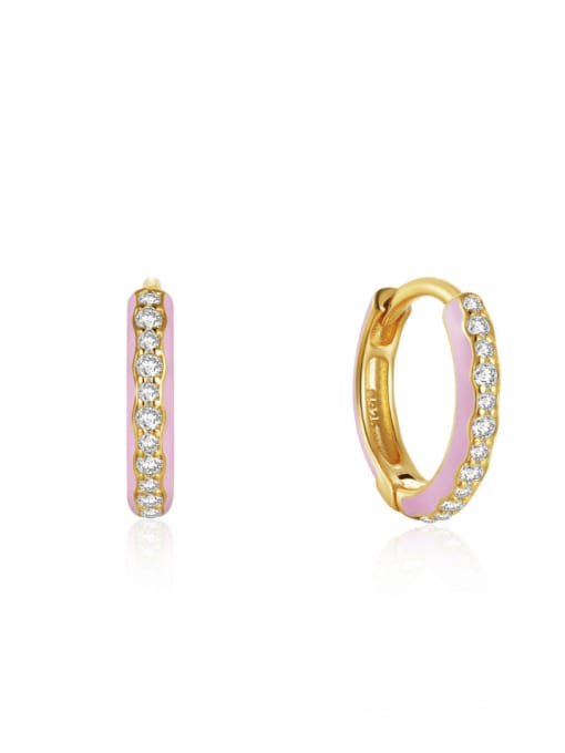gold+pink 925 Sterling Silver Cubic Zirconia Enamel Geometric Minimalist Huggie Earring