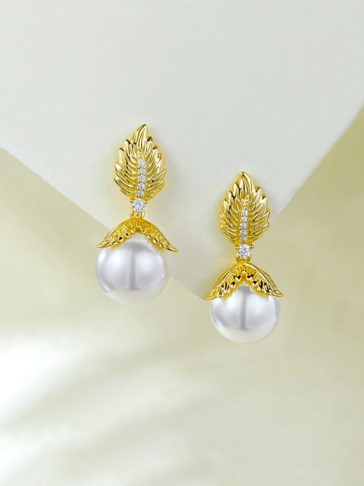 E505 Gold Leaf Pearl Earrings 925 Sterling Silver Imitation Pearl  Vintage Drop Gold Leaf Pearl Earrings Earring