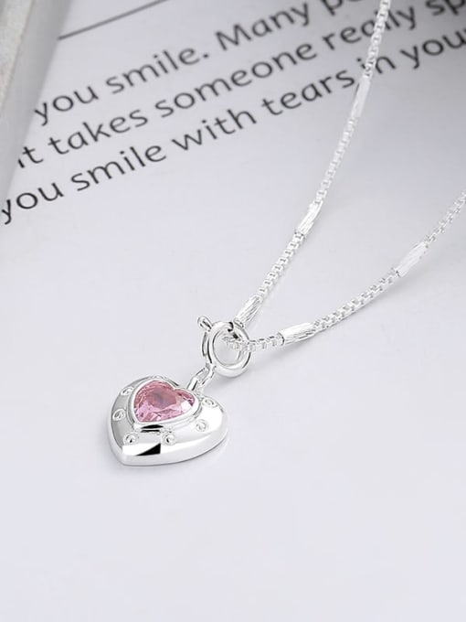 TAIS 925 Sterling Silver Cubic Zirconia Pink Heart Dainty Necklace 2