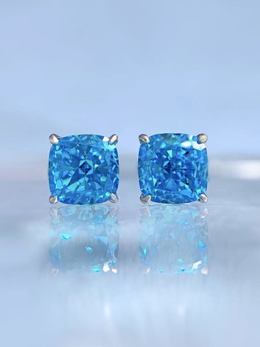 E236 Sea Blue 925 Sterling Silver High Carbon Diamond Square Dainty Stud Earring