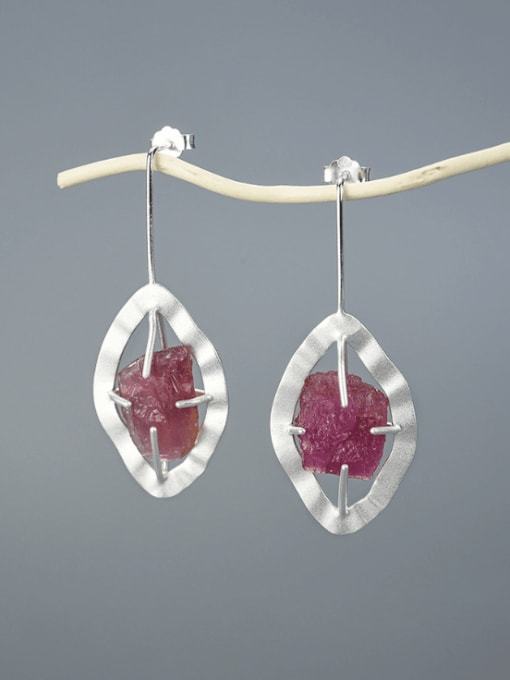 Silver red 925 Sterling Silver Natural Stone Leaf Artisan Drop Earring