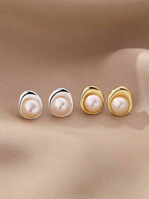 YUANFAN 925 Sterling Silver Imitation Pearl Geometric Minimalist Stud Earring 0