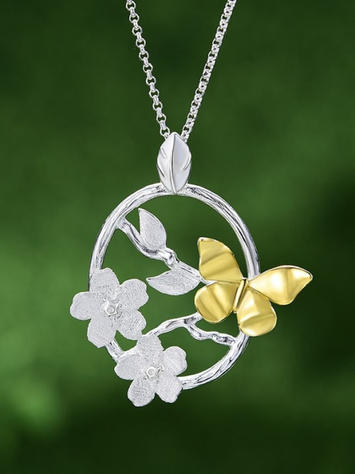 Lfje0207e silver color separation 925 Sterling Silver Creative ancient style petals flying butterfly garden Artisan Pendant