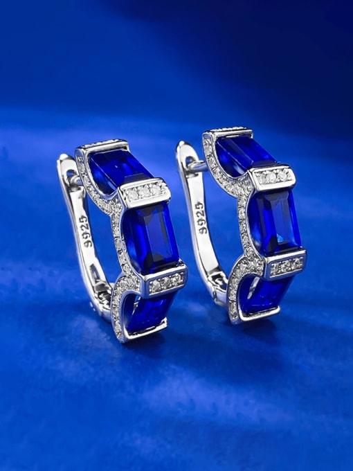 E373 platinum+Blue 925 Sterling Silver Cubic Zirconia Geometric Luxury Huggie Earring
