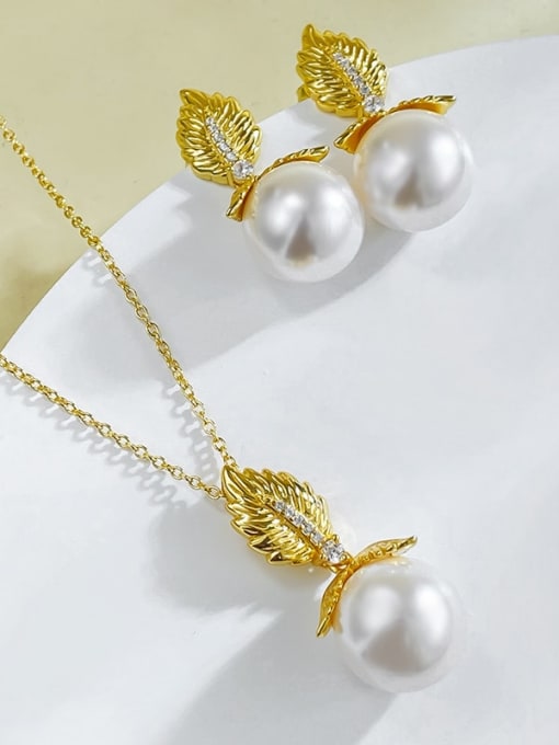 M&J 925 Sterling Silver Imitation Pearl Leaf Trend  Golden Leaf Pearl Necklace 2