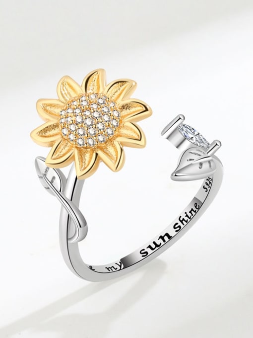 Platinum gold (fractional gold) 925 Sterling Silver Cubic Zirconia Flower Cute Rotate Lettering  Band Ring