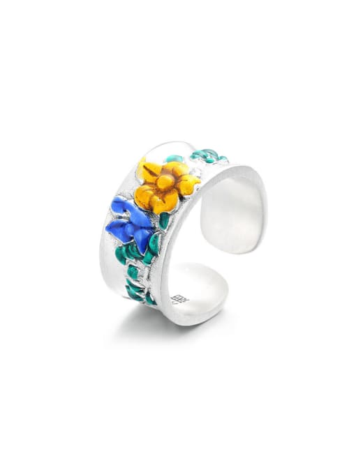 999JM  7 .7g 925 Sterling Silver Enamel Flower Vintage Band Ring